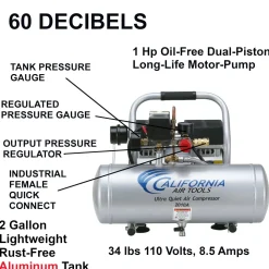 1HP 2 Gallon Oil-Free Aluminum Tank Air Compressor Ultra Quiet