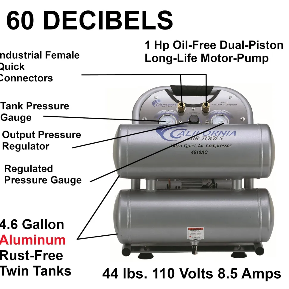 1HP 4.6 Gallon Oil-Free Twin Portable Aluminum Tank Air Compressor