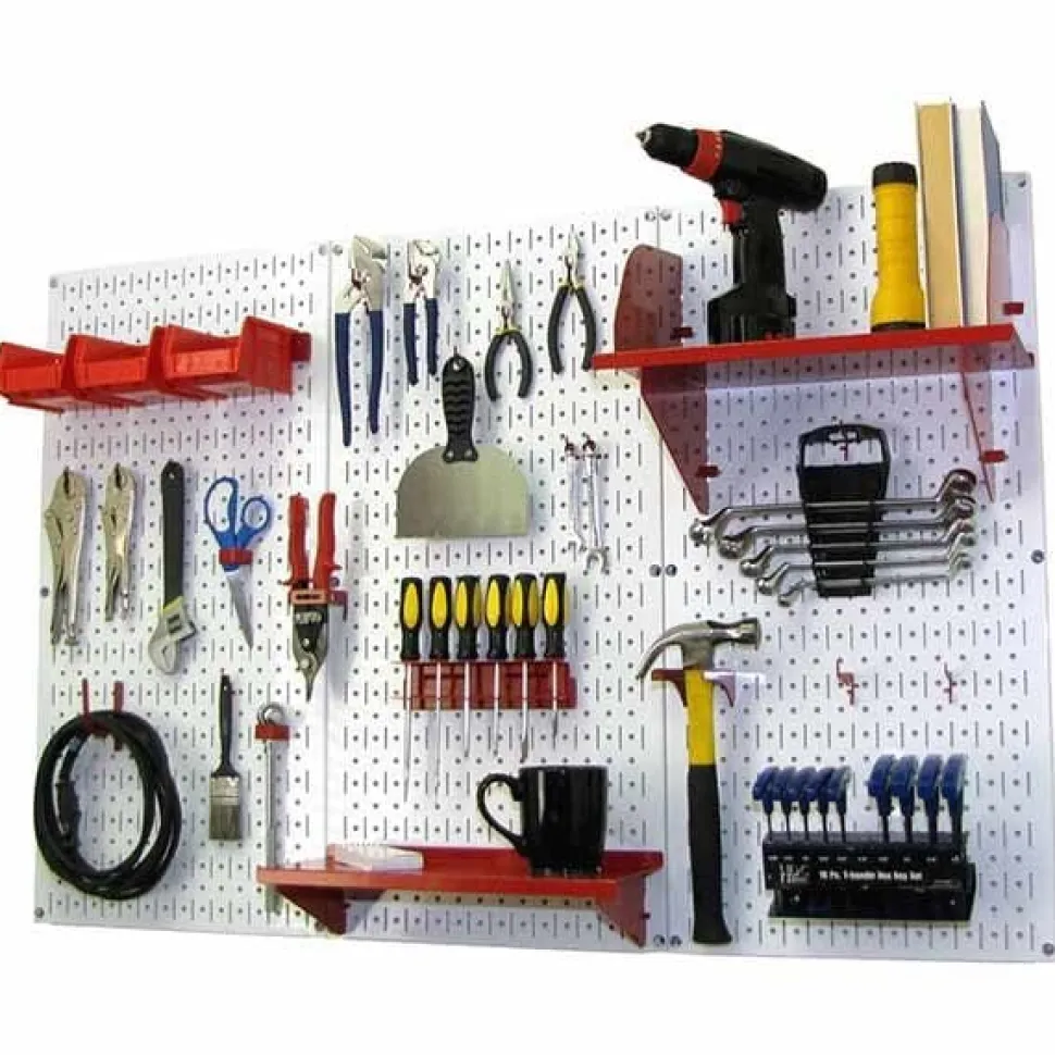 4' Metal Pegboard Standard Tool Storage Kit White Toolboard & Red Accessories