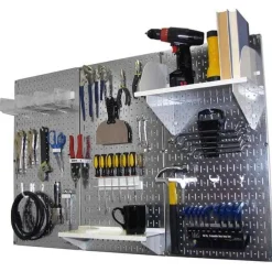 4' Metal Pegboard Standard Tool Storage Kit Galvanized Metallic Toolboard & White Accessories
