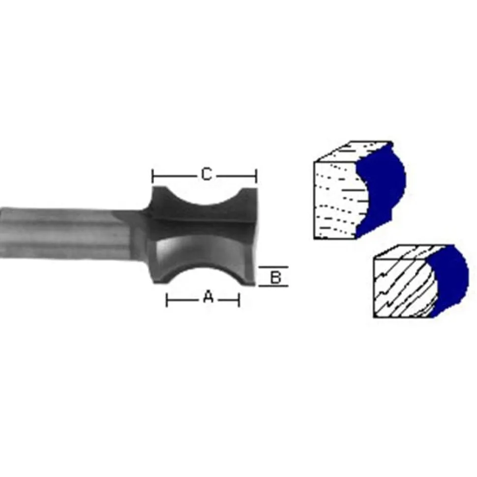 1476 Oval Edge (Half Bull Nose) Router Bit 3/4" A X 3/16" B X 1-1/4" CL 1" D