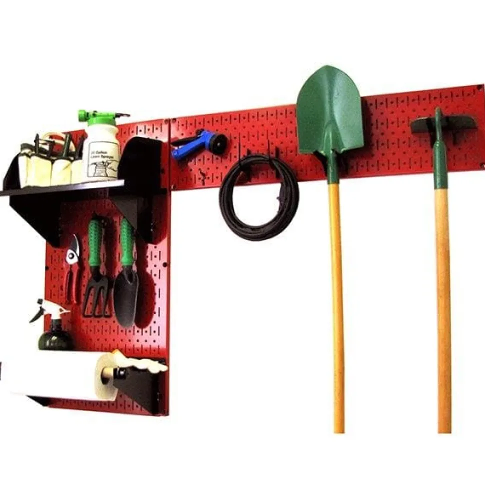 Pegboard Garden Tool Board Organizer with Red Pegboard and Black Accessories